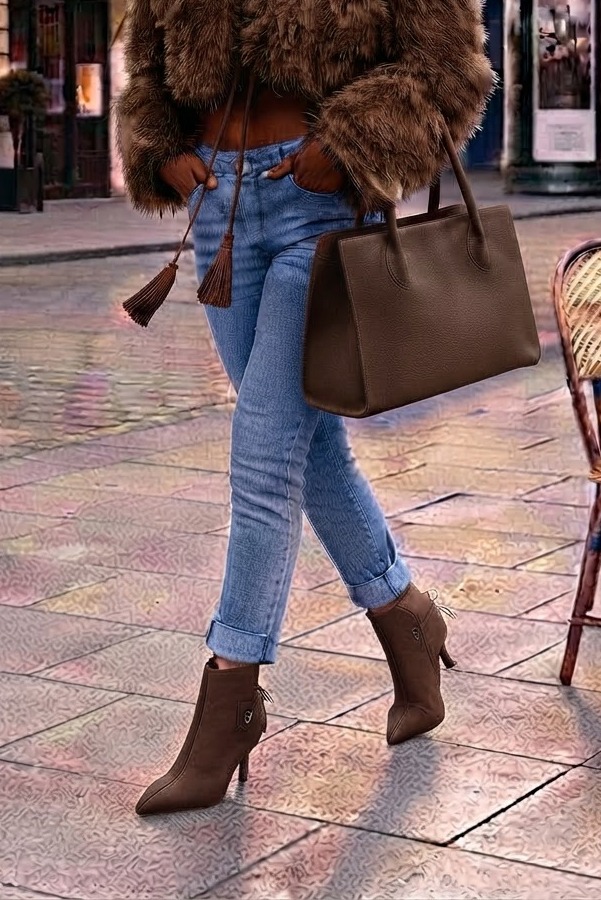 Women's chocolate brown back lace-up ankle boots with pointed toe and high slim heel - Worn view